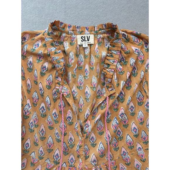 SLV Sur La Vague Cap Sleeve Mini Tulip Print Dress Pink Tassel Ruffle Neck SZ P - Picture 9 of 9